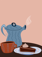 Cozy vector illustration of a warm scene with a blue teapot, patterned mug, and chocolate cake slice. Ideal for seasonal cards, kitchen decor, wall art, and fall-themed designs.