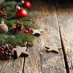 Vintage wood with Christmas decorations. Selective focus, text space.