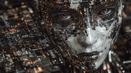 Conceptual representation of a human face in digital form, symbolizing stock for large data sets or cybersecurity