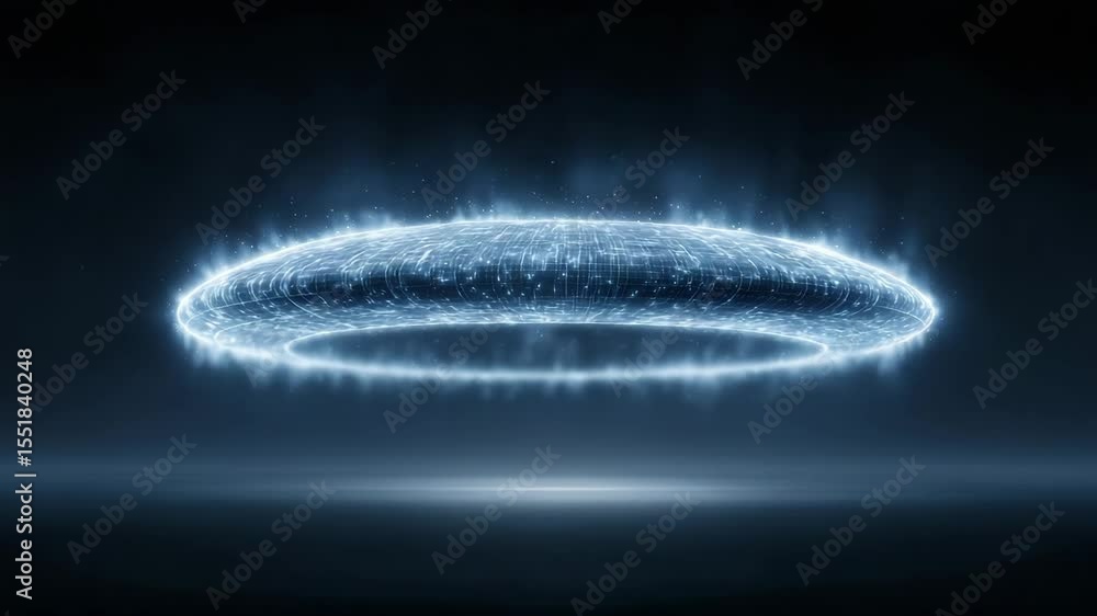 Poster glowing futuristic digital ring light with technology and particles floating in dark space grid