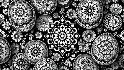 Intricate black & white folk art Easter egg pattern, seamless background , spring, graphic