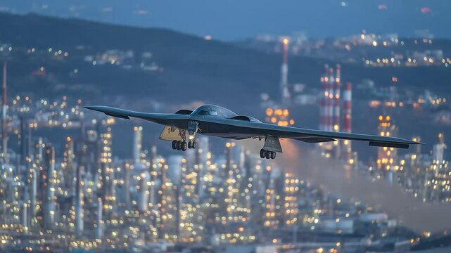 US B- Spirit strategic bomber glides silently over a fortified oil refinery complex in the Middle East at twilight, its stealth profile barely visible in the fading light