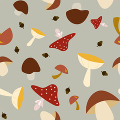 Playful seamless vector pattern of whimsical autumn mushrooms and acorns on a light grey background. Perfect for children's fabrics, kitchen linens, and nature-themed designs.