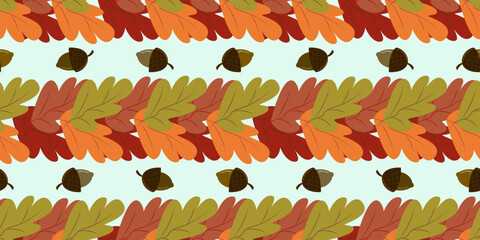 Playful seamless vector pattern of autumn oak leaves and acorns on a light blue background. Perfect for children's Thanksgiving decor, party supplies, and festive prints.