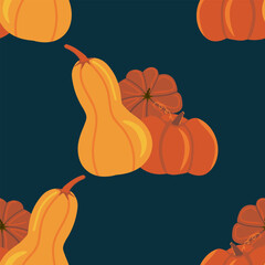 Repeating vector pattern of bright orange pumpkins and gourds on a deep teal background. Ideal for kitchen textiles, farm market banners, and autumn harvest themes.