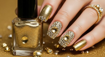 Gold crystal nail design