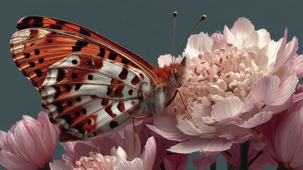 Colorful butterfly resting on delicate pink flowers during a sunny afternoon in a serene garden setting
