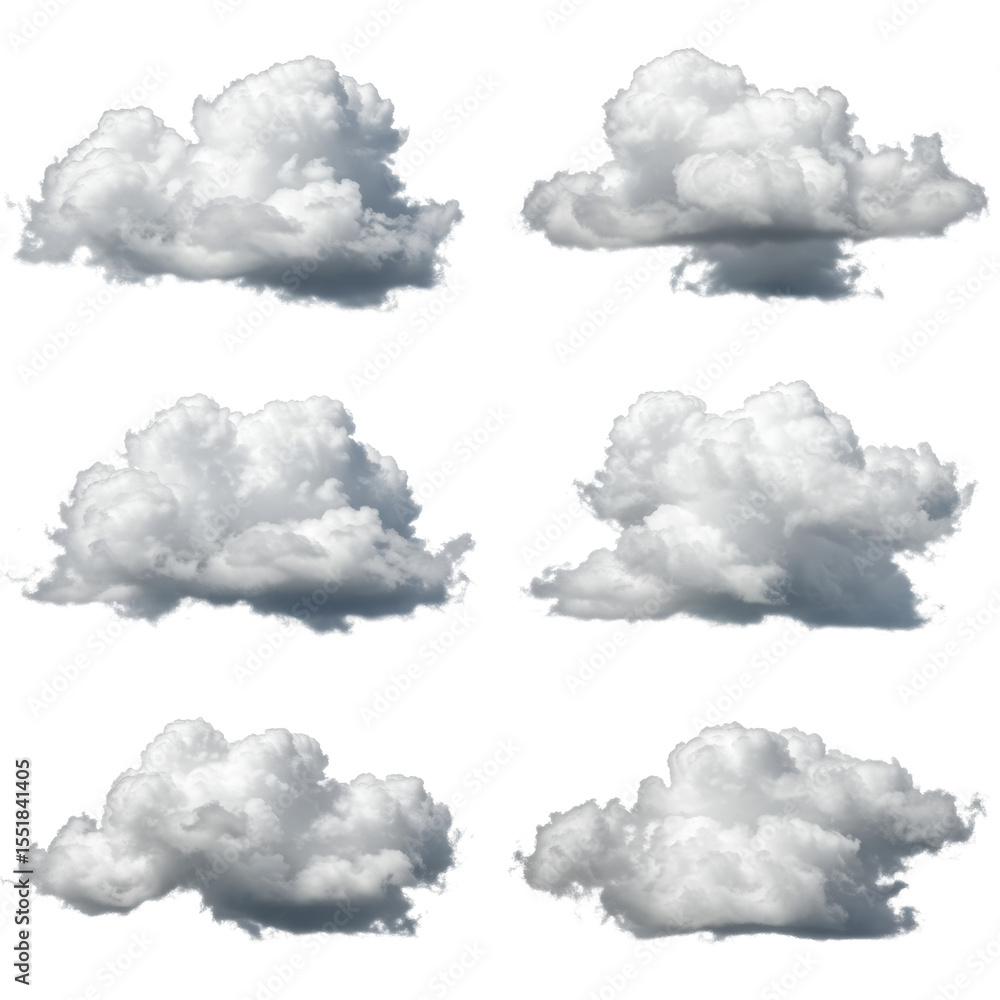Poster fluffy white and grey cumulus clouds, distinct individual elements with clear contours and textured 