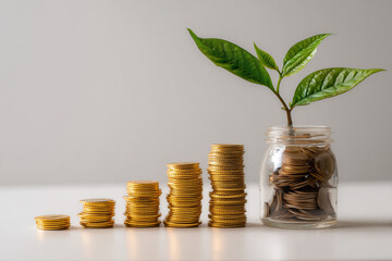 Golden coins stacked in ascending order beside a plant sprouting from a jar, representing economic growth and savings,
