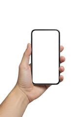 A realistic, well-maintained human hand holding a sleek, modern smartphone with thin bezels and a blank transparent screen, isolated against a sterile seamless studio background with direct lighting,