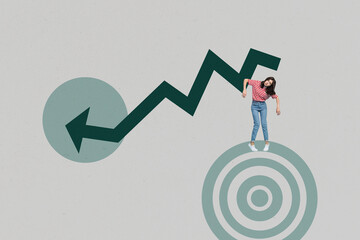 Banner pop 3d zine full collage of happy businessman businesswoman stand arrow development career...