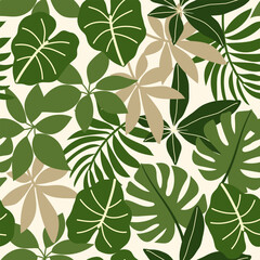 Abstract seamless tropical pattern with bright plants and leaves on pastel background. Beautiful seamless vector floral pattern. Botanical leaf seamless vector floral pattern background.