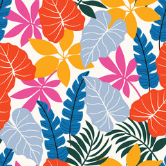 Abstract seamless tropical pattern with bright plants and leaves on a white background. Seamless botanical pattern with plants. Beautiful print with hand drawn floral plants.