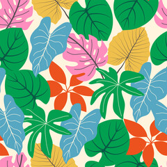 Abstract seamless tropical pattern with bright plants and leaves on a beige background. Botanical leaf seamless vector floral pattern background. Seamless exotic pattern with tropical plants.