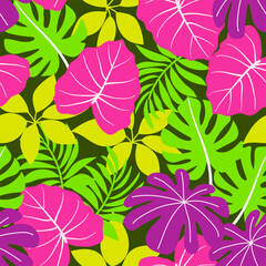 Abstract seamless tropical pattern with bright plants and leaves on a green background. Seamless pattern with colorful leaves and plants. Vector design. Jungle print. Floral background. 