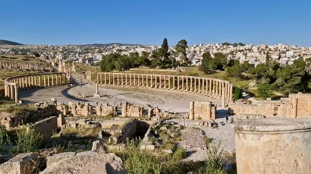 Drone view of the ancient city of Jerash in Jordan, showcasing one of archaeological sites