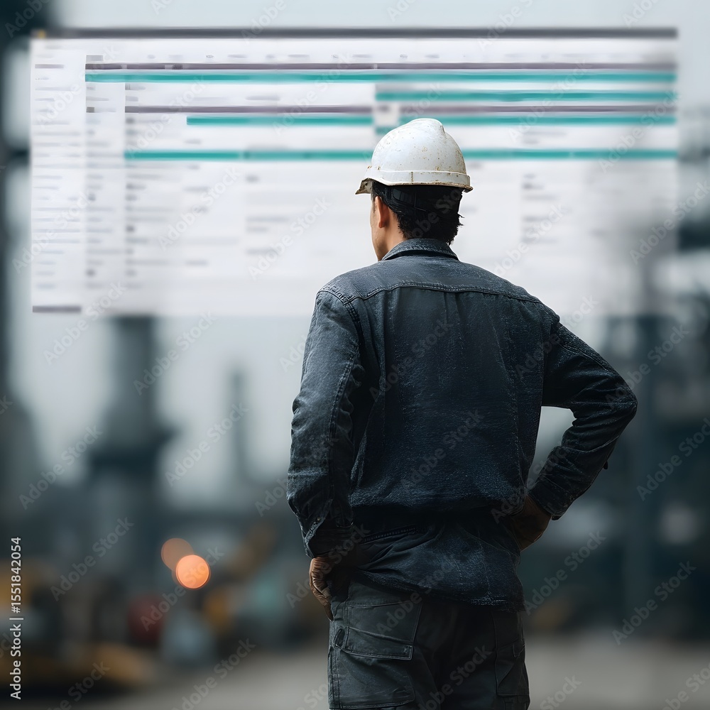 Poster factory manager overseeing production scheduling on digital interface