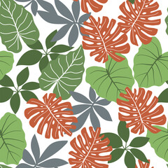 Abstract seamless tropical pattern with bright plants and leaves on a delicate background. Botanical leaf seamless vector floral pattern background. Tropical botanical.