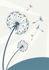 Illustration of airborne dandelion seeds captured mid-flight against a clear blue sky