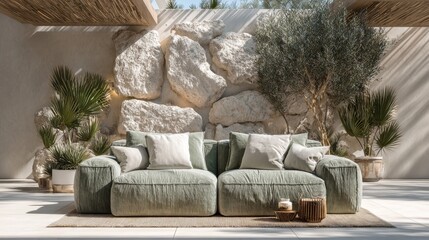 A modern living room features biophilic interior design, complete with a sofa, a grunge stucco wall, and plenty of greenery