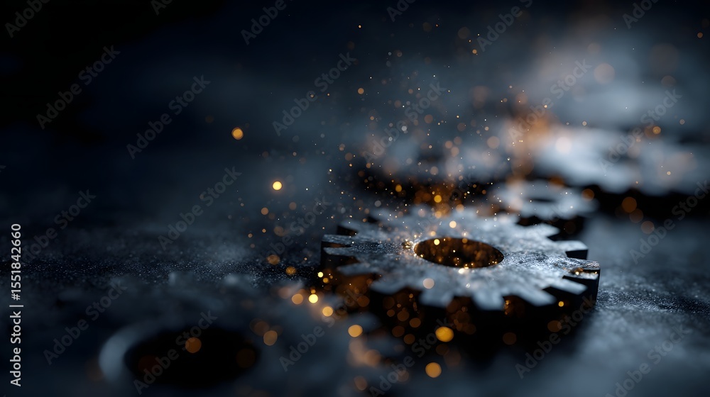 Poster floating metal gears with glowing elements symbolizing innovation and future tech