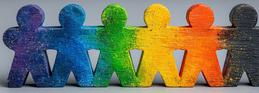 A white background serves as the setting for a diverse array of colorful wooden figures, with space available for text or other elements, highlighting concepts such as diversity, team collaboration,