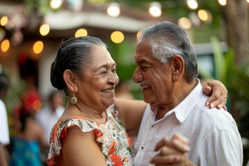 Portrait of a merry latino couple in their 60s dancing together