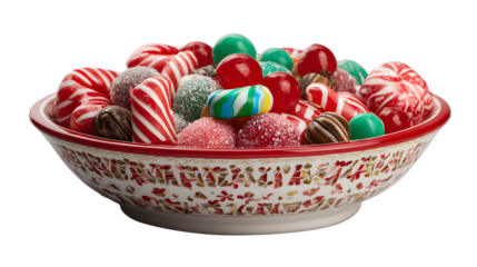 Bowl filled with assorted Christmas candies isolated on a white background