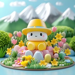 A cartoon character is sitting on a rock in a field of flowers