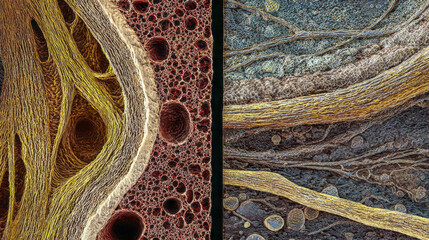 A detailed comparison showcases the intricate structures of healthy and damaged nervous tissue, revealing differences in texture and integrity vital for understanding neural health
