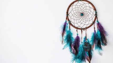 Teal, purple, and brown dreamcatcher with feathers on white background.