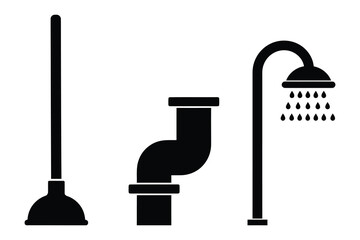 Simple Black and White Plumbing and Bathroom Icons. Three basic black silhouette icons representing plumbing fixtures: a plunger, a drain pipe, and a shower head.