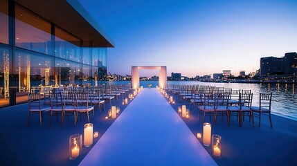 Waterfront wedding reception in a sleek, modern venue with openair seating, a floating candlelit aisle, and contemporary elegance