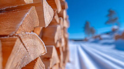 Logs covered in snow are stacked alongside a forest path in winter