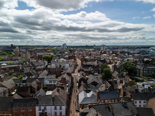 Panoramic view of Leicester City Centre under cloudy sky in England