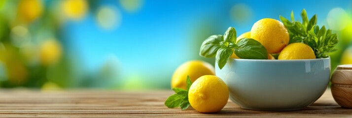Bright lifestyle imagery for wellness branding and home decor featuring a modern kitchen with a sunlit atmosphere, a wooden counter, and a ceramic bowl filled with fresh citrus and herbs