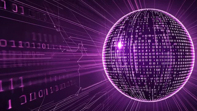 Abstract binary sphere with glowing lines, in shades of purple and pink