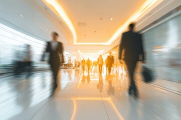 Busy office hallway with blurred people moving. Bright lights create dynamic urban scene. Ideal for business or city life themes.