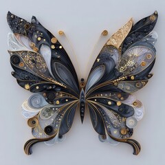 A delicate butterfly made of grayscale paper with intricate details and gold accents