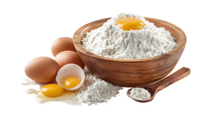 Bowl of flour and eggs isolated on a white background