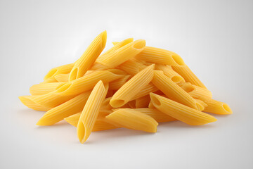Fototapeta premium Raw yellow penne pasta on gray background. Uncooked penne rigate pasta scattered on neutral surface. Ideal for Italian cuisine, recipe design, or packaging.