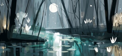 A serene landscape of swampy terrain is accompanied by calm waters and a misty woodland background that creates a peaceful atmosphere