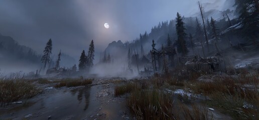 Tranquil waters and a misty woodland backdrop set against a serene swamp landscape come together to create a peaceful scene