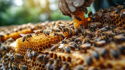 beekeeper inspecting honeycomb frame surrounded by bees in rural apiary setting, beekeeping and honey production concept