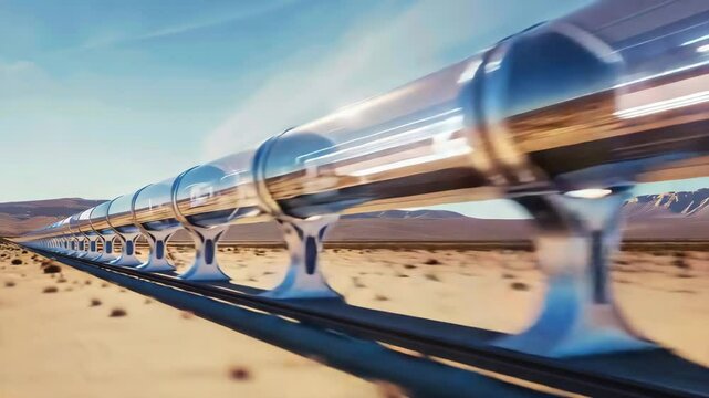 Futuristic hyperloop transport in a desert landscape.
