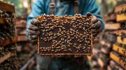beekeeper inspecting honeycomb frame surrounded by bees in rural apiary setting, beekeeping and honey production concept