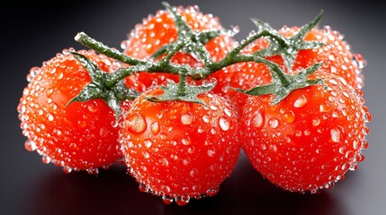 Fresh cherry tomatoes glimmering with water droplets against a dark textured background showcasing healthy produce : Stock