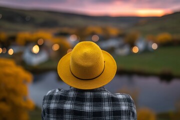 A young man wearing a red checkered shirt and a beanie hat sits on the river bank, taking in the stunning autumn scenery while unwinding in a natural tourist setting