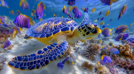 The underwater sea world is home to a turtle, a multitude of colorful tropical fish, and a diverse range of animal sea life that inhabit the coral reef