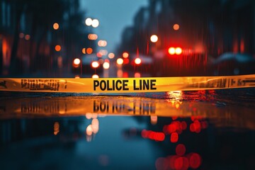 A dark and gritty scene of a crime scene with yellow caution tape.